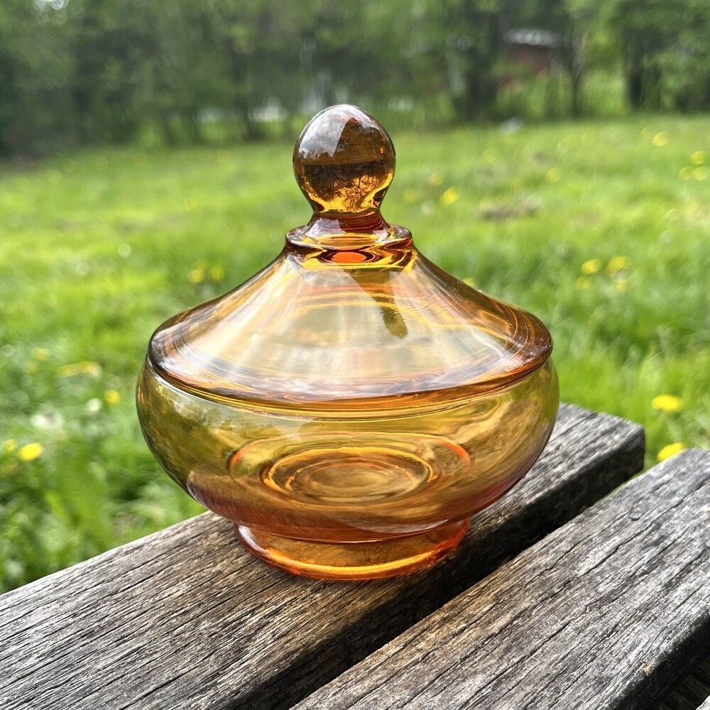 Vintage Empoli Amber Glass Squat Candy Dish 4” Pot Circus Tent Style Lid